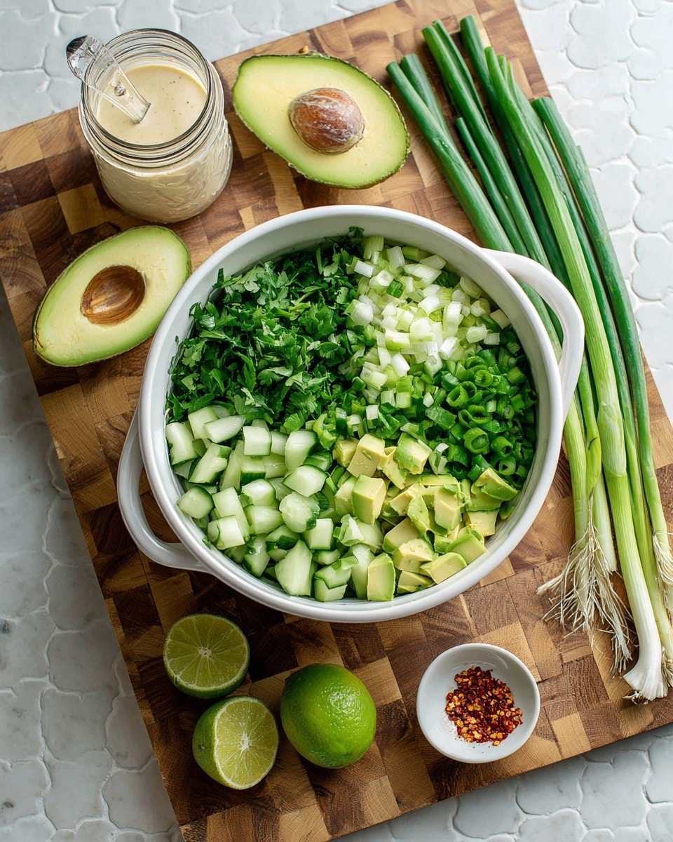 A white bowl with two handles holds a fresh salad with three main layers: bright green chopped cucumbers at the bottom, light green diced avocado pieces on the right, and a mix of chopped green onions and cilantro leaves on the left and center. The bowl is placed on a wooden checkered cutting board, surrounded by lime halves, an avocado sliced in half with the pit inside, an avocado shell with a grid pattern cut on its inside, and three green onions. There is a small bowl with red chili flakes and a glass jar with a creamy dressing and a small whisk resting inside, all set on a white marbled textured surface. Photo taken with an iphone --ar 4:5 --v 7