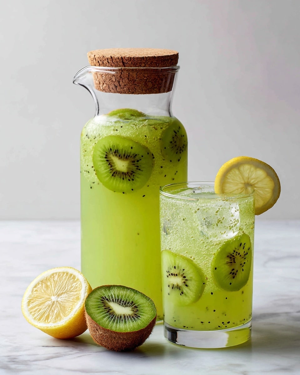 The image shows a clear round glass filled with a pale green drink that has small pieces of kiwi floating at the bottom. A thin slice of lemon rests on the rim of the glass. In front of the glass, there are several pieces of fresh green kiwi with black seeds visible in the center. The background and surface are white with a marble texture. photo taken with an iphone --ar 4:5 --v 7
