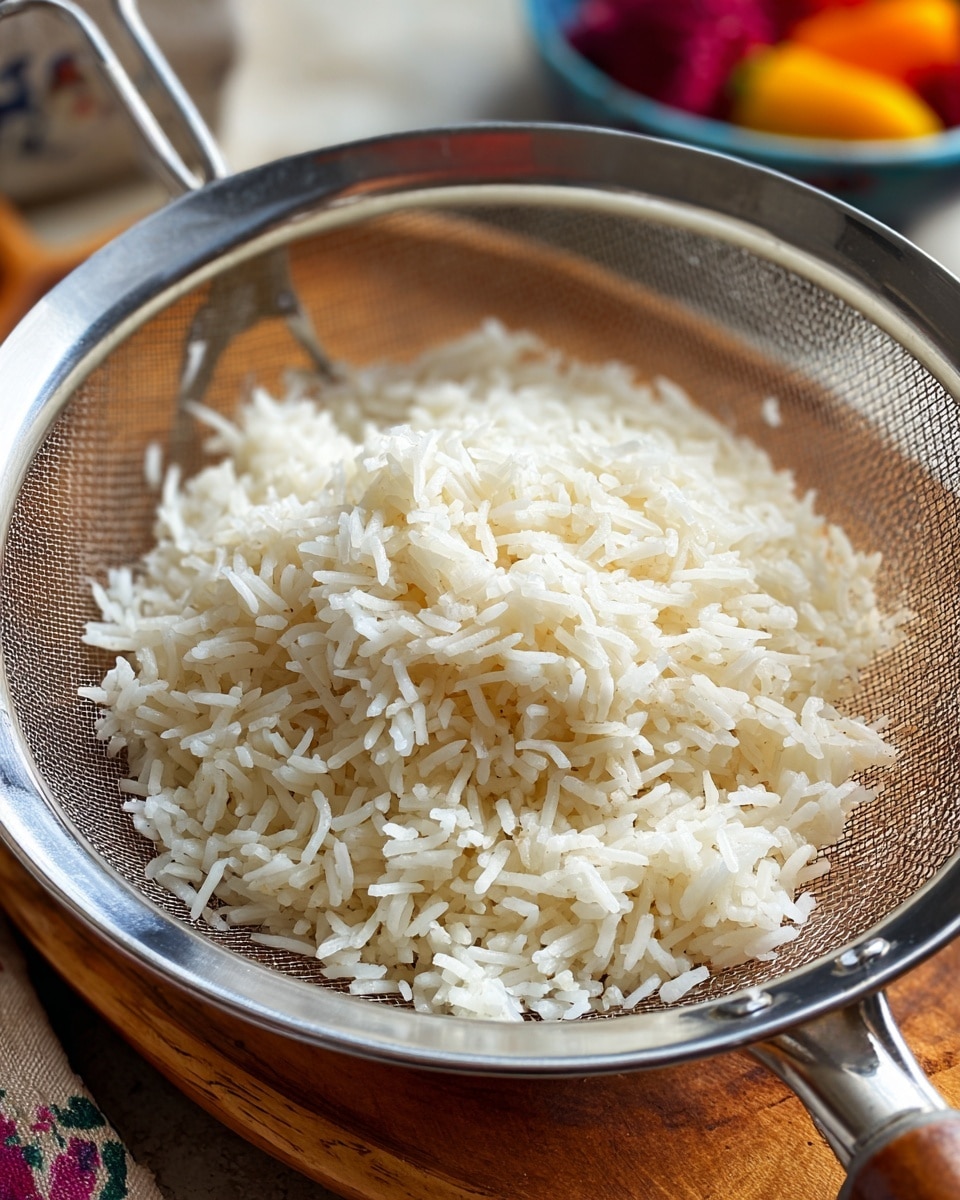 A close-up view of cooked white rice sitting inside a silver metal strainer with a fine mesh texture. The rice grains are fluffy, soft, and evenly spread in the strainer, showing a slightly shiny and moist look. The strainer is held over a wooden surface with colorful blurred objects in the background. The fine metal mesh contrasts with the smooth texture of the rice grains. photo taken with an iphone --ar 4:5 --v 7