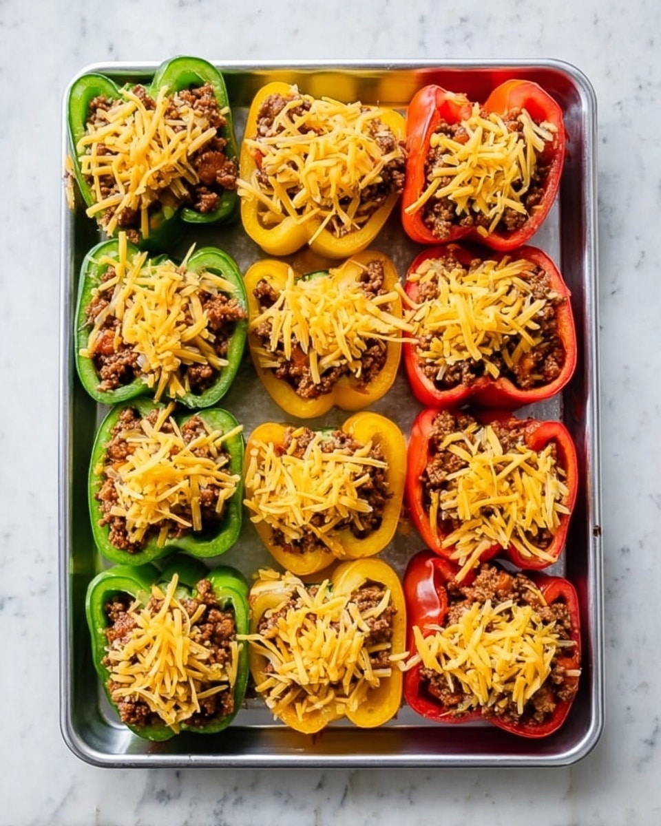 This image shows a silver baking tray filled with three rows of stuffed bell pepper halves. Each row has a different color of peppers: green on the left, yellow in the middle, and red on the right. Every pepper half is filled with a ground meat mixture that looks well cooked and crumbly. On top of the meat filling, there is a layer of shredded orange cheese spread evenly over each pepper. The tray is placed on a white marbled surface, and the photo has a bright, natural light highlighting the fresh colors of the peppers and cheese. photo taken with an iphone --ar 4:5 --v 7
