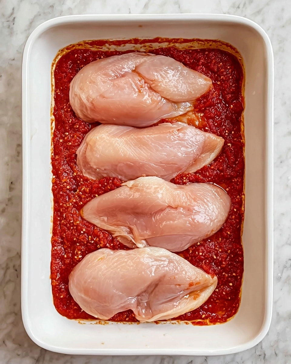 A white rectangular baking dish filled with a layer of thick red tomato sauce that covers the bottom, topped with four large pieces of raw pale pink chicken arranged in a single row, each piece showing a smooth and slightly shiny texture. The dish sits on a white marbled surface. photo taken with an iphone --ar 4:5 --v 7