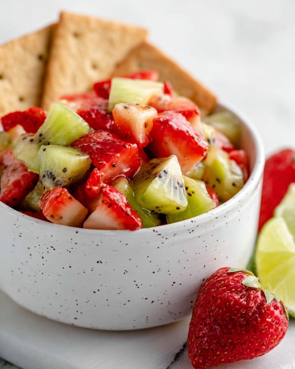 A close-up view of a square crisp chip covered with a thin layer of light brown cinnamon sugar powder, held between the thumb and finger of a person's hand, with small diced pieces of bright red strawberries and green kiwi stacked on top, creating a colorful and fresh contrast. In the blurry background, there is a white bowl filled with more diced strawberries and kiwi pieces, placed on a white marbled surface. The lighting highlights the textures and freshness of the fruits and chip photo taken with an iphone --ar 4:5 --v 7