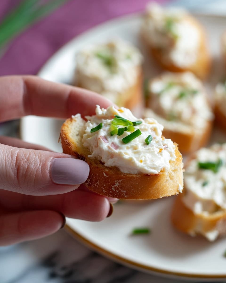 A white plate holds seven toasted bread slices topped with a creamy white spread, drizzled with light golden honey and garnished with small green chive pieces, arranged evenly in a row; one extra bread slice rests at the edge of the plate. To the lower right of the plate is a white bowl filled with the same creamy spread, featuring a wooden spreading stick inside it, with a few chive pieces on top. Above the plate is a small green bowl with dark honey and a wooden honey dipper. Near the top left, some plain toasted bread slices sit on a white plate on a white marbled surface. Scattered around the scene are a few lemon peel curls, and a striped white and black cloth is under part of the main plate. The whole scene is set against a white marbled texture. Photo taken with an iphone --ar 4:5 --v 7