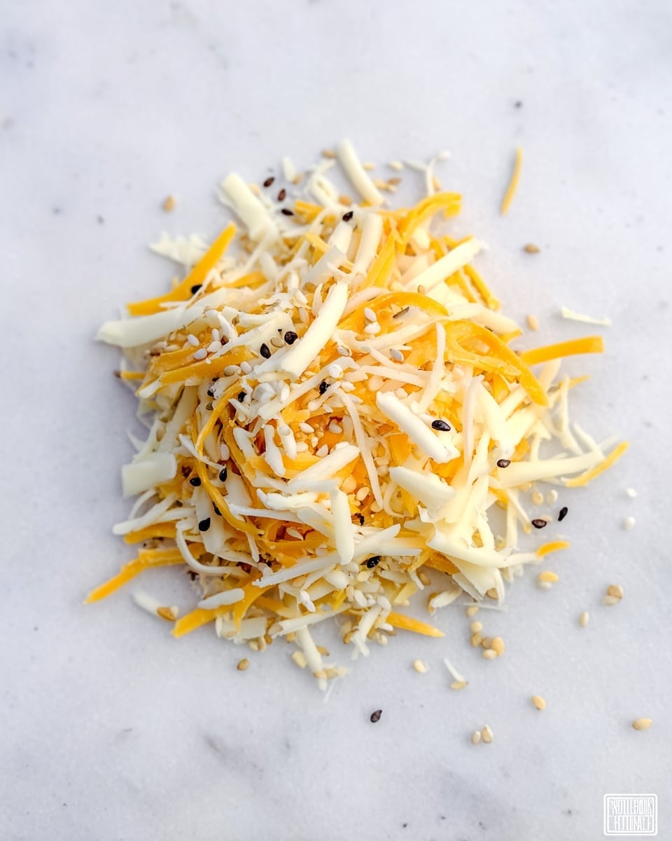 A small pile of shredded cheese sits centered on a smooth white marbled surface. The cheese mix shows two main colors and textures: pale white thin strips and yellowish-orange thin strips, all slightly overlapping each other. On top of the cheese are tiny bits of white and black sesame seeds scattered unevenly, adding small specks of contrast. The overall look is simple, fresh, and focused on the cheese and seeds without any other distractions. photo taken with an iphone --ar 4:5 --v 7