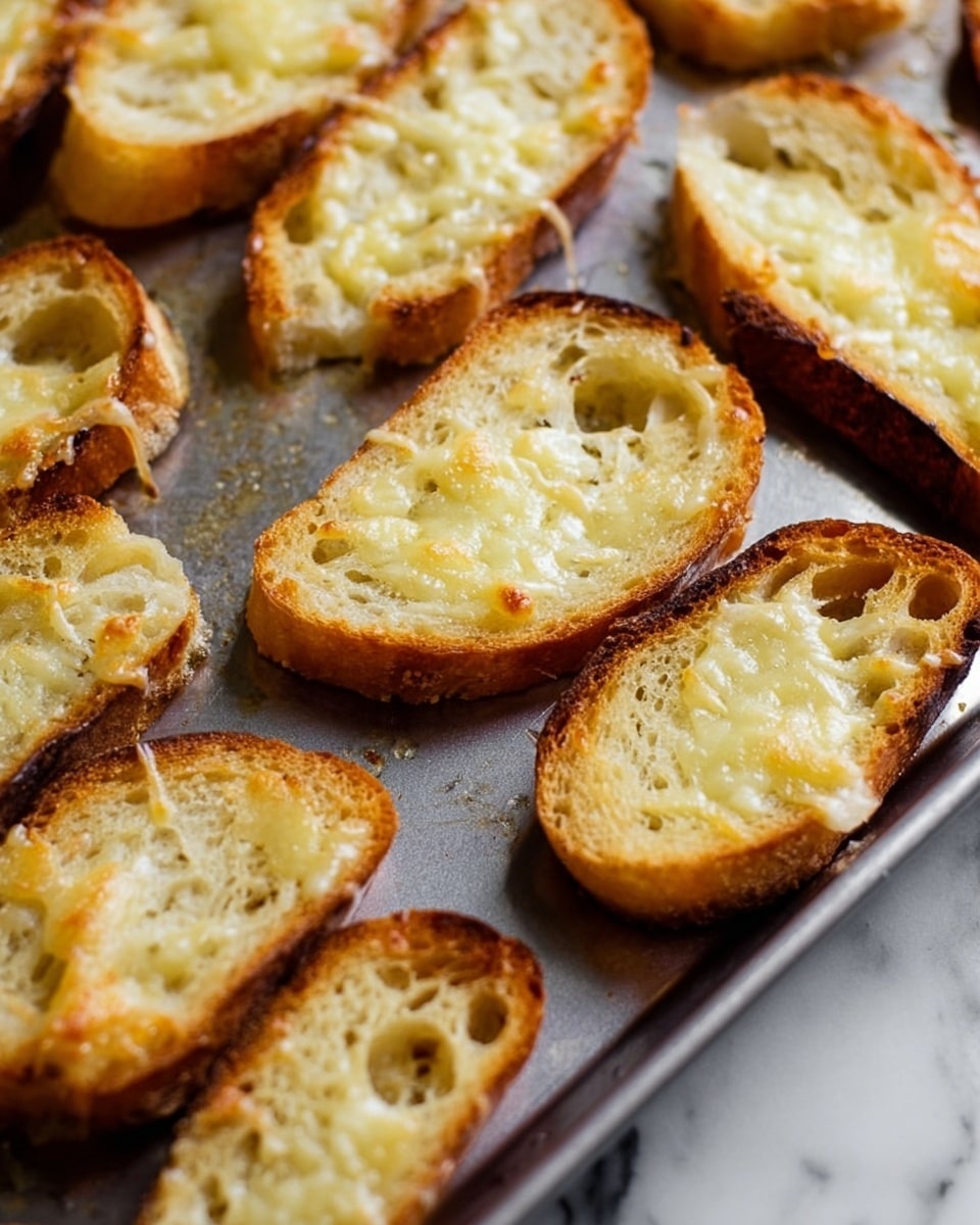 A close-up view of a baking tray full of toasted bread slices with melted cheese on top. Each slice is golden brown around the edges with a slightly bubbly, light yellow cheese layer that looks soft and smooth. The bread slices show a porous texture with small holes visible beneath the cheese. The tray is metal with a shiny, slightly worn surface, and the background features a white marbled texture. Photo taken with an iphone --ar 4:5 --v 7