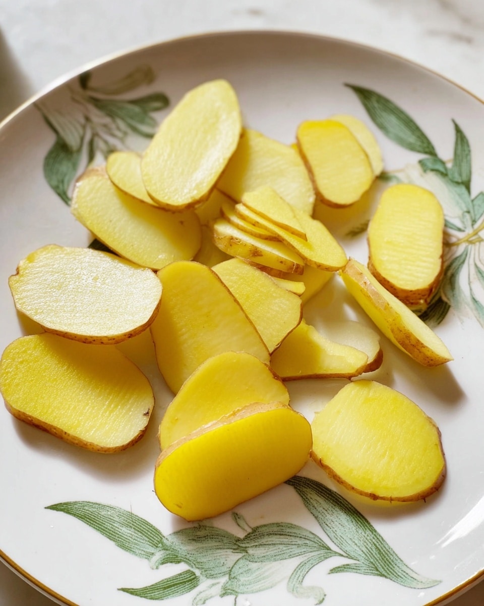 Thin yellow slices of potato with light brown skin edges are arranged scattered on a white plate with green leaf designs. The potato slices vary in size and shape, some are thicker halves and some are thinly sliced, showing a slightly ridged texture on their surfaces. The plate rests on a white marbled surface, and soft natural light highlights the smoothness and freshness of the slices. photo taken with an iphone --ar 4:5 --v 7