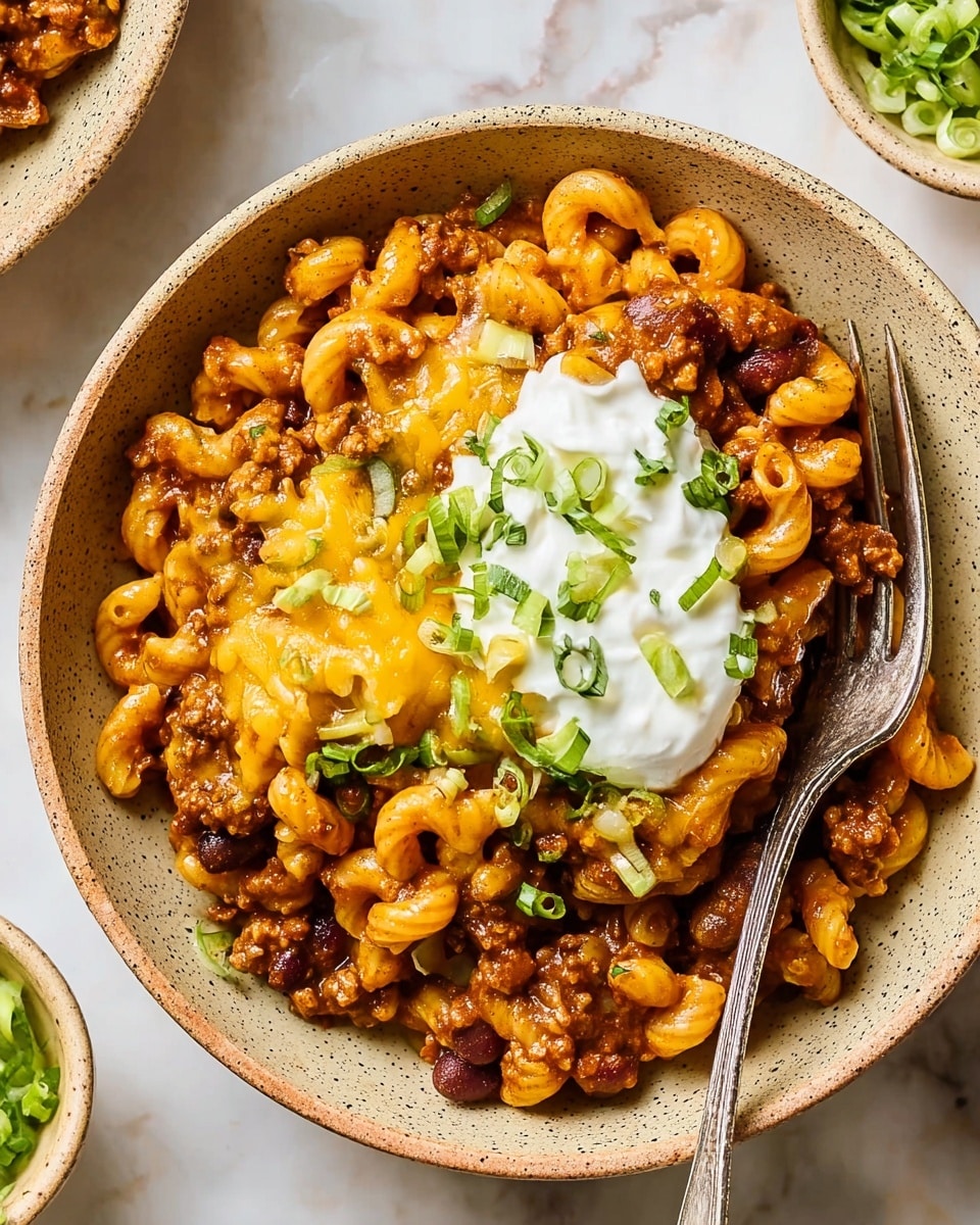 A bowl filled with three layers of food: the bottom layer is curly pasta coated in a rich orange-brown sauce mixed with brown beans and crumbled meat, the middle layer is melted yellow cheese spread unevenly on top, and the top layer has a dollop of white sour cream sprinkled with fresh green chopped scallions, all in a speckled light brown bowl set on a white marbled surface with a fork resting inside the bowl. Photo taken with an iphone --ar 4:5 --v 7