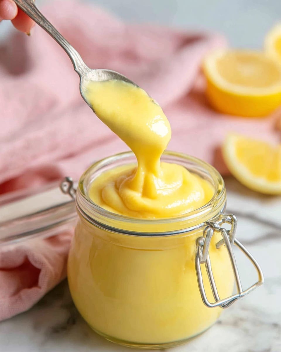 A clear glass jar filled with smooth, bright yellow sauce is shown, with a woman's hand holding a silver spoon lifting the sauce out in a thick, creamy swirl. The jar has a metal clasp at the side, and the background features a soft pink cloth with blurred lemon slices on a white marbled surface. The sauce has a glossy texture and looks rich and thick. photo taken with an iphone --ar 4:5 --v 7
