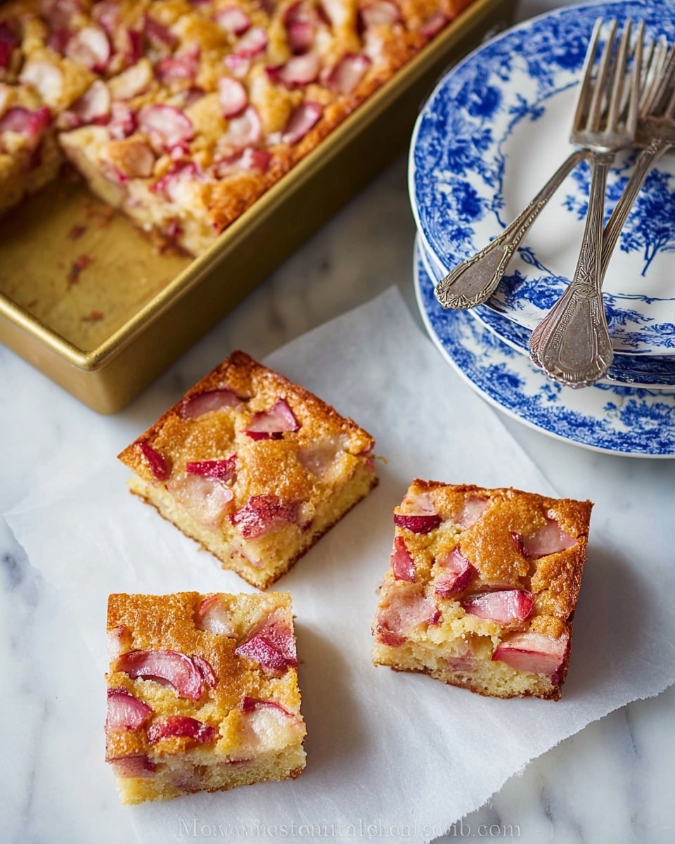The image shows three square pieces of a cake with a golden brown top layer embedded with small, thick slices of pink to reddish fruit evenly spread throughout. The inside of the cake looks soft and light beige. The pieces sit on a white parchment sheet over a white marbled surface. To the right, there is a stack of white plates with blue floral patterns on the edges, and two silver forks with detailed handles are placed beside the cake pieces. The top part of the image shows a golden baking pan with more of the fruit-topped cake inside, with the texture looking slightly crisp around the fruit bits. Photo taken with an iphone --ar 4:5 --v 7