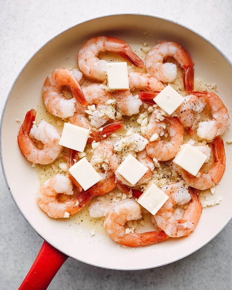 The image shows a white frying pan filled with many raw shrimp arranged in a single layer, their pinkish-orange tails visible and curled lightly. On top of the shrimp, there are multiple small white square pieces of butter spread evenly across the pan. Small bits of minced garlic are scattered among the shrimp, and a light sprinkle of coarse black pepper is visible over the entire dish. The pan handle is red, and the pan sits on a white marbled surface. The overall look is fresh and ready for cooking, with soft colors and clear details. photo taken with an iphone --ar 4:5 --v 7