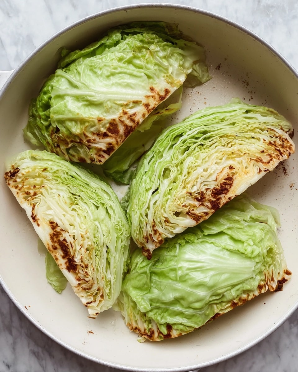 The image shows four large wedges of cooked cabbage placed inside a white pan. Each wedge has a light green top layer of wrinkled, slightly soft cabbage leaves with a firm white rib running through the center. The bottom edges of the wedges are browned and slightly crispy, showing a golden to dark brown toasted texture that contrasts with the bright fresh green of the leaves. The pan surface is light cream with some slight cooking marks. The background is a white marbled texture. photo taken with an iphone --ar 4:5 --v 7