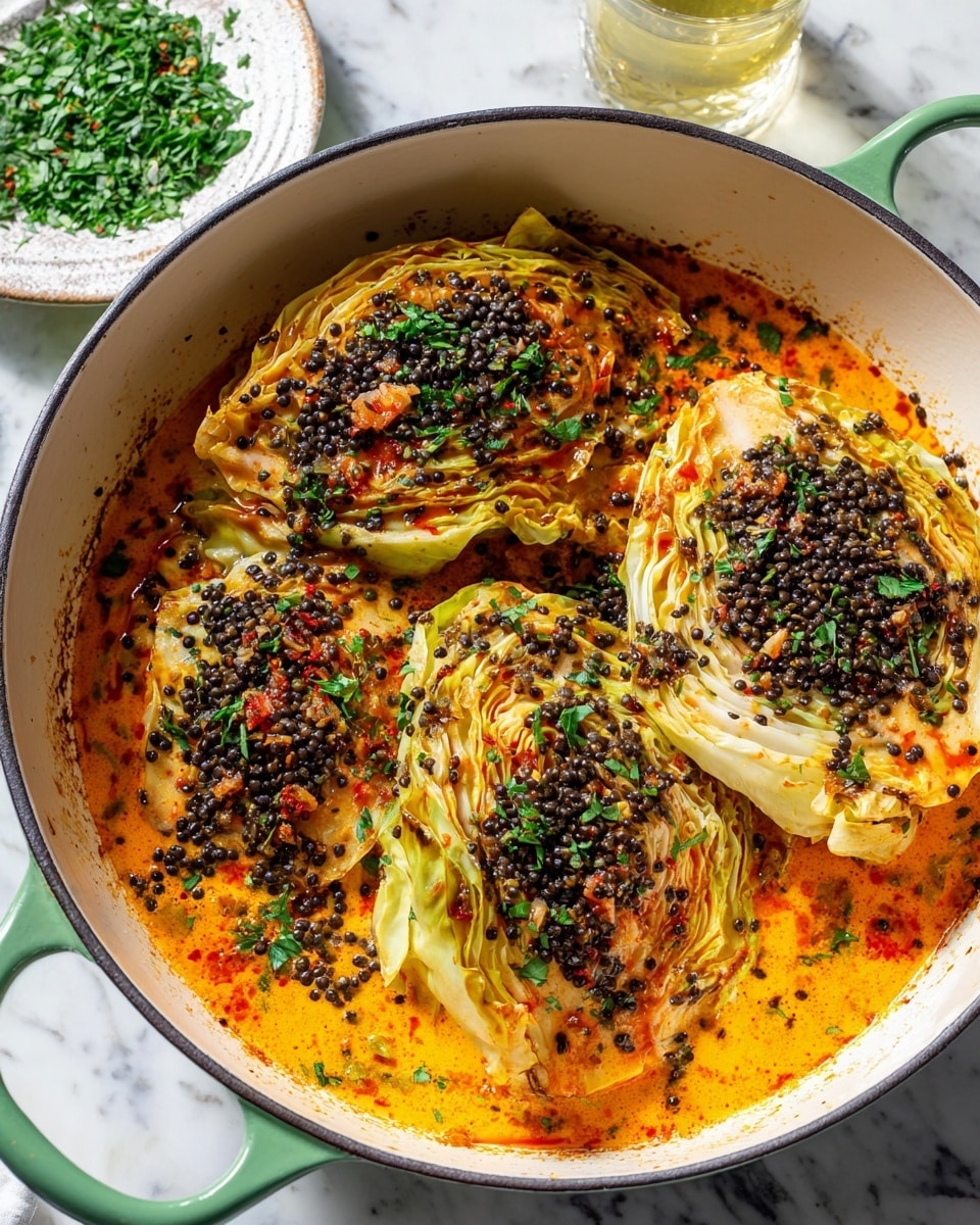 The dish shows three big wedges of cooked cabbage, each with layers of pale yellow and light green, soft leaves slightly browned on the edges. The cabbage wedges sit in a creamy orange sauce with specks of red from chopped tomatoes. Black lentils are scattered thickly over the tops and sides of the cabbage, adding dark spots and little texture. Fresh green herbs are sprinkled on top, adding a bright contrast. The dish is in a white enameled pot with green handles, and in the background, there is a white marbled surface with a plate holding chopped herbs and a glass of light yellow liquid. Photo taken with an iphone --ar 4:5 --v 7