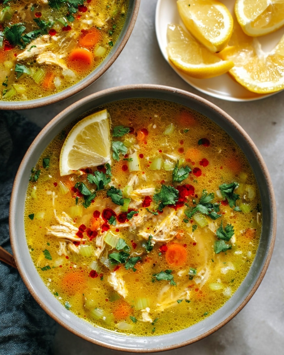 A close-up of two bowls filled with bright yellow chicken soup with visible layers of shredded chicken pieces, small chunks of orange carrot, green celery, and spring onion slices. The soup is garnished with fresh green cilantro leaves and a swirl of red chili oil on top, adding a splash of red color. One bowl has a thin slice of lemon resting on the soup’s surface, adding a fresh look. Next to the bowls, there is a white plate holding lemon wedges. All the items are set on a white marbled surface. photo taken with an iphone --ar 4:5 --v 7