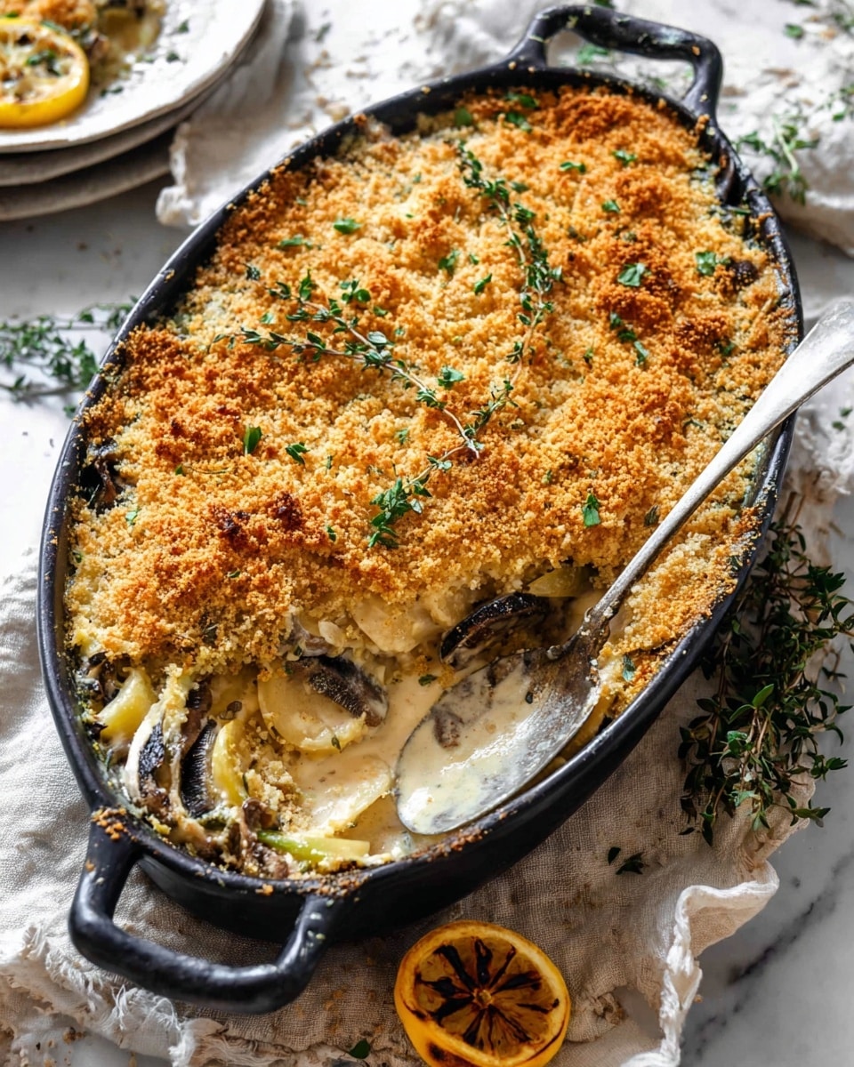 A black oval baking dish filled with a layered baked dish, with the top layer covered in golden brown crispy crumbs sprinkled with small green herb leaves, slightly browned and textured with crunchy bits. Underneath, visible through a scooped-out portion, are creamy white sauce, slightly browned and mixed with cooked dark mushroom slices and pale vegetable stalks. A small wedge of lemon with a grilled surface sits inside the dish, with a spoon resting in the scooped area. The dish is placed on a soft white cloth on a white marbled surface, with fresh herb sprigs nearby. photo taken with an iphone --ar 4:5 --v 7