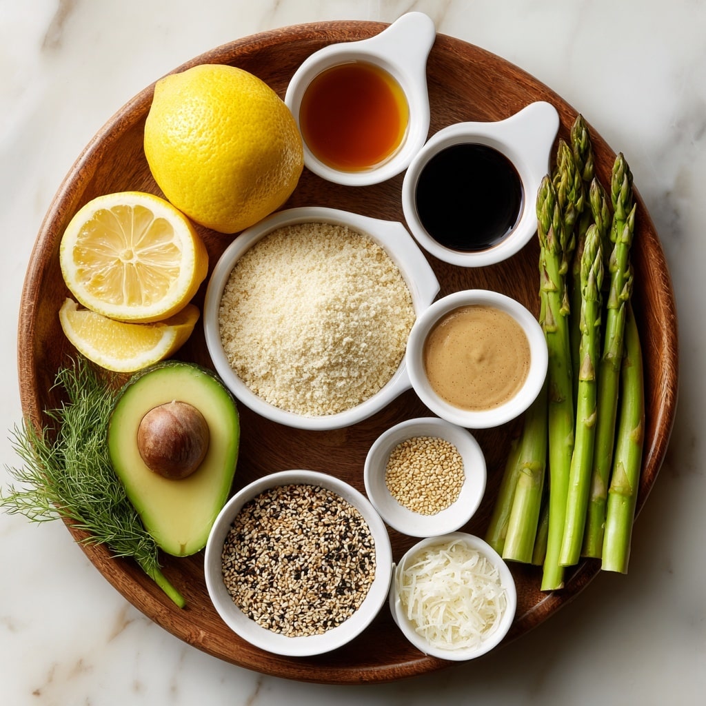 A round wooden tray holds several small white bowls and a few fresh ingredients arranged neatly. From top left, there are two lemon halves showing bright yellow flesh, next to a small white bowl with amber maple syrup, followed by a small bowl of dark brown sesame oil. Below the lemons, a white bowl with light brown tahini sits near a white bowl of golden vinegar. Below these, a light beige bowl filled with coarse, pale panko crumbs is placed beside fresh green asparagus stalks on the right edge of the tray. Near the bottom left, a fresh, dark green avocado and a whole white fennel bulb with fronds lay on the tray. At the bottom, three small white bowls line up containing light tan sesame seeds, finely grated white Parmesan cheese, and finely shredded Parmesan, respectively. The composition rests on a white marbled surface. Photo taken with an iphone --ar 4:5 --v 7