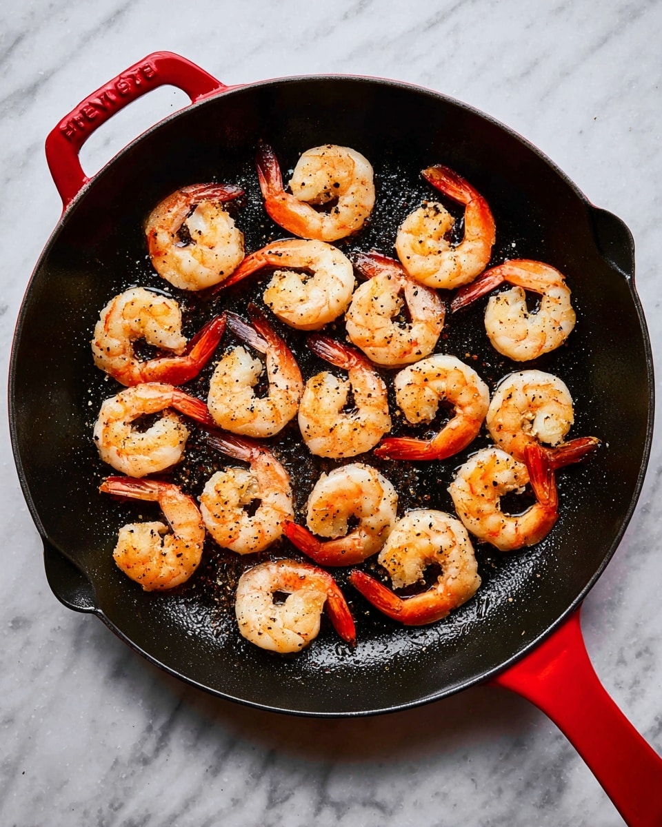 A black pan with a red handle holds a single layer of cooked shrimp arranged loosely in a circle. The shrimp are pink with orange-red tails, some with visible black pepper and light grill marks, creating a mix of smooth and slightly charred textures on their curved bodies. The pan rests on a surface with a white marbled texture, adding contrast to the vivid colors of the shrimp and the pan. photo taken with an iphone --ar 4:5 --v 7