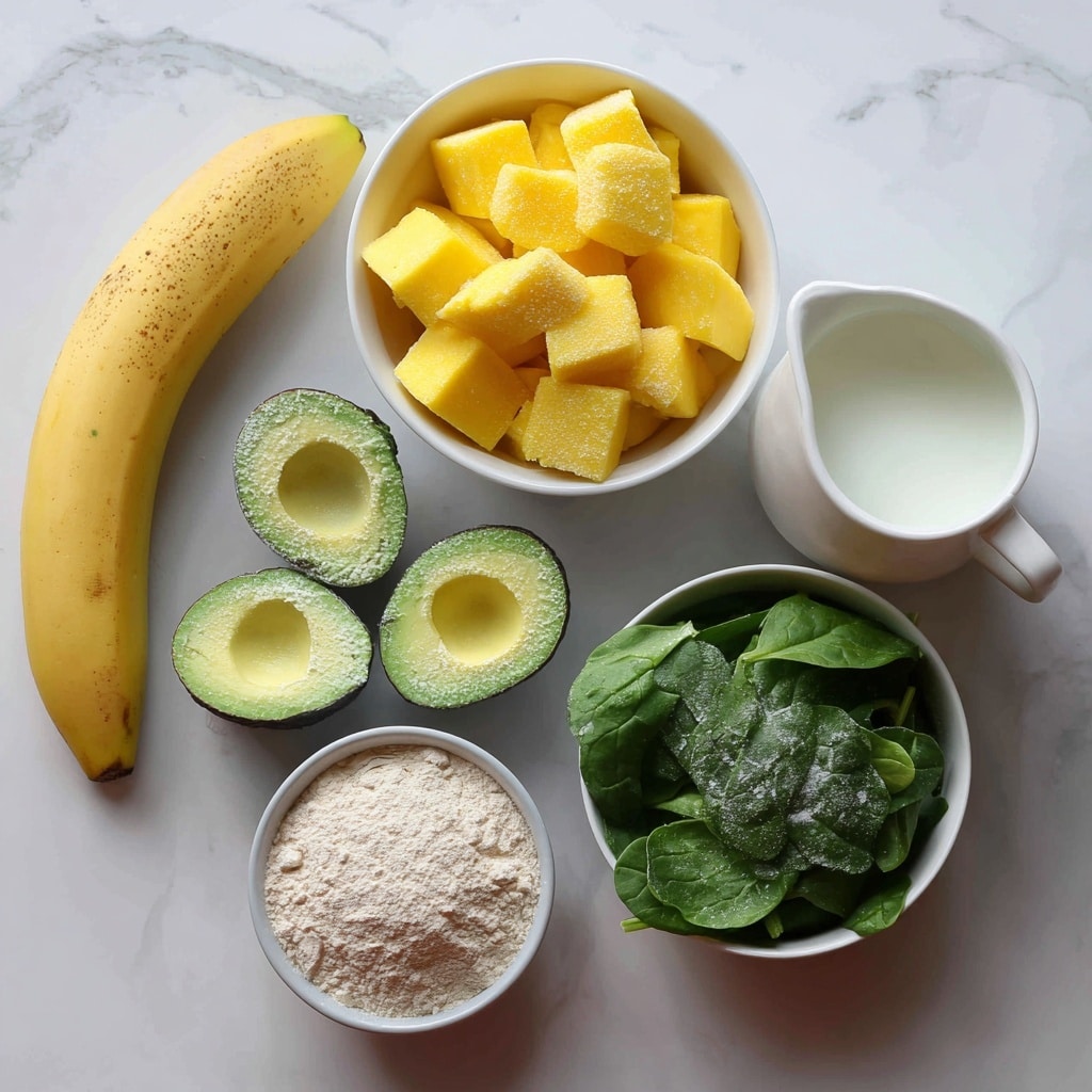 The image shows fresh smoothie ingredients arranged on a white marbled surface. In the top center, there is a white bowl filled with bright yellow frozen mango chunks, their frosty texture visible. To the right, there is a white small pitcher filled with white milk. Below the pitcher, on the right side, there is a white bowl filled with dark green baby spinach leaves. In the center-left, a light gray small dish holds two halves of frozen avocado, their green flesh covered with frost. Below the avocado, there is a small white bowl filled with light beige protein powder with a soft, powdery texture. On the left edge of the image lies a whole yellow banana with some brown spots on its peel. All the items are evenly spaced and neatly arranged for clear visibility. Photo taken with an iphone --ar 4:5 --v 7