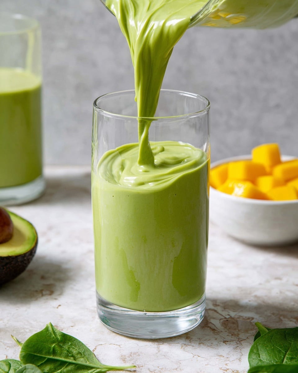 A tall clear glass is being filled with a thick smooth light green smoothie, showing swirled layers as it flows in from above. The glass stands on a white marbled surface with visible avocado half to the lower left, dark green spinach leaves near the base, and a white bowl of bright yellow diced mango to the upper right. Another glass with the same green smoothie is partly seen on the left side. The whole scene has soft natural light and a clean fresh look photo taken with an iphone --ar 4:5 --v 7