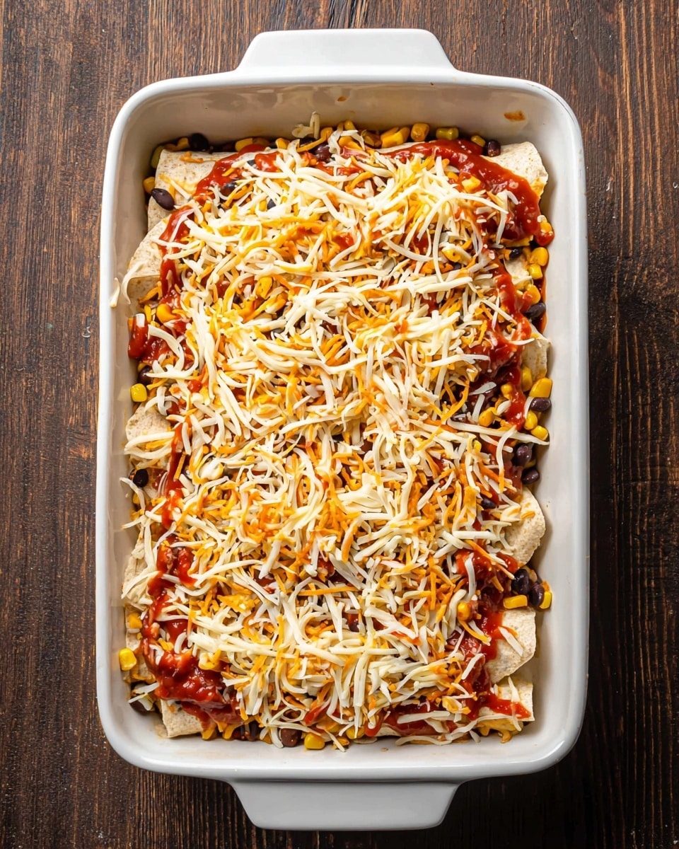 A rectangular white baking dish holds a layered dish with a soft beige tortilla base, layered with a mix of dark black beans, bright yellow corn, and shredded cooked chicken with light brown and white tones. Over the top, there is a layer of red sauce spread unevenly, and it is finally topped with a generous amount of shredded cheese mixed with off-white and light orange strands. The dish sits on a dark wooden surface. Photo taken with an iphone --ar 4:5 --v 7