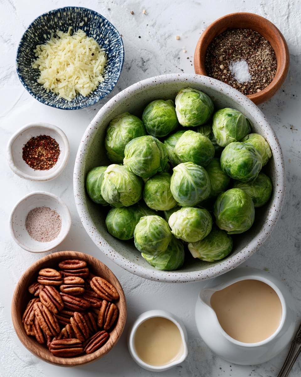A white speckled bowl filled with halved bright green Brussels sprouts is placed on a white marbled textured surface. Around it are five smaller bowls: one white bowl with dark blue spots holding finely chopped pale yellow garlic, one wooden bowl packed with whole brown pecans, one white bowl with layered spices showing dark red paprika, black pepper, and white salt, and two small white bowls at the bottom holding a beige creamy sauce and a golden liquid respectively. The arrangement is neat and clear, showing fresh ingredients to prepare a meal. Photo taken with an iphone --ar 4:5 --v 7