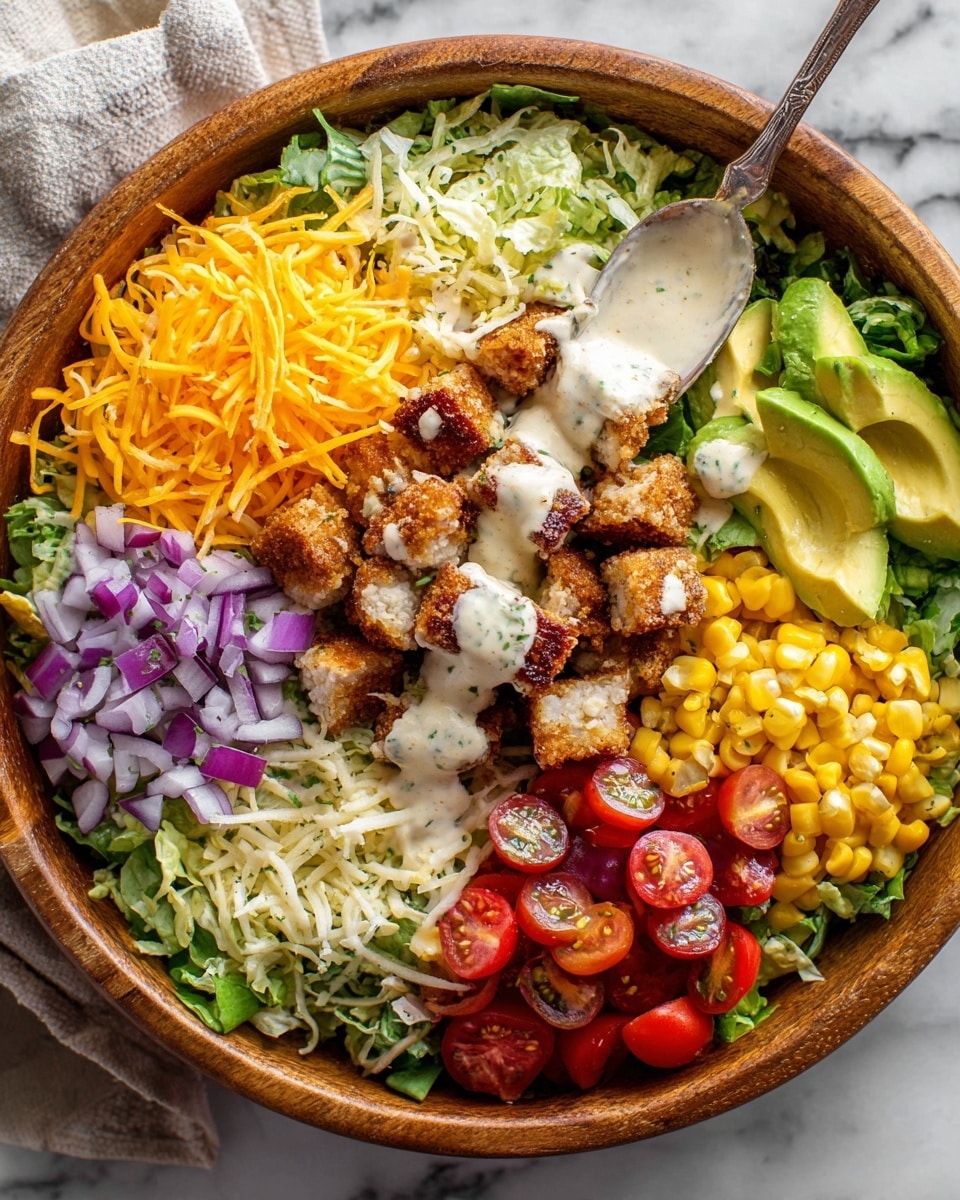 A large wooden bowl filled with a colorful salad sits on a white marbled surface. Inside the bowl, layers include a base of shredded green lettuce, topped with bright orange shredded cheddar cheese on the left side, yellow corn with a creamy dressing on the right, red cherry tomato halves in the back left, chopped purple onions and sliced white avocado in the back right. In the center, crispy breaded chicken chunks covered with a creamy white dressing are being drizzled from a spoon above. Photo taken with an iphone --ar 4:5 --v 7