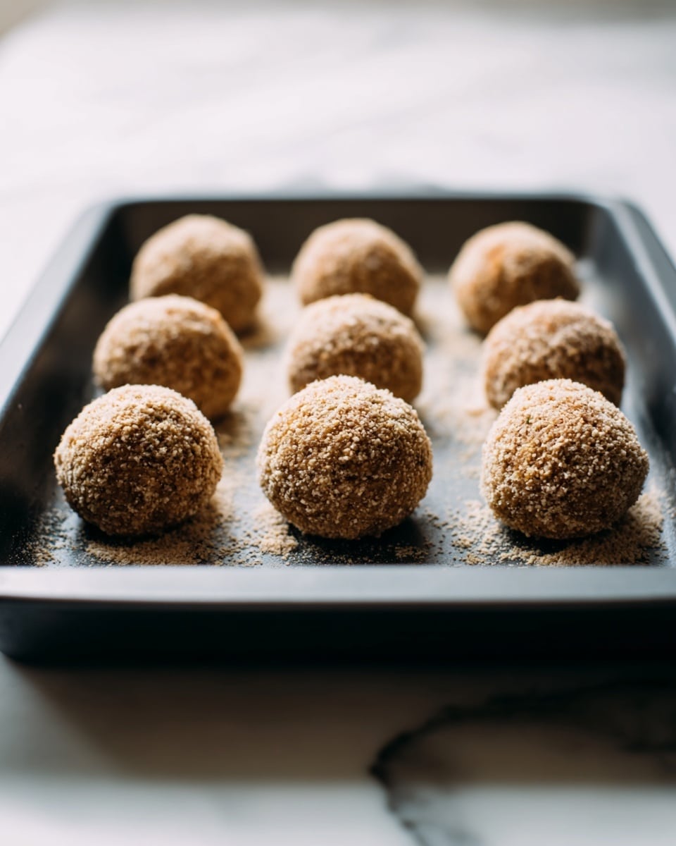 A dark gray baking tray holds nine evenly spaced, round falafel balls with a coarse texture and light brown color. The tray sits on a white marbled surface, and the background is softly blurred to keep focus on the falafel balls. The image is close up, showing three rows of falafel, with three balls in each row. Photo taken with an iphone --ar 4:5 --v 7