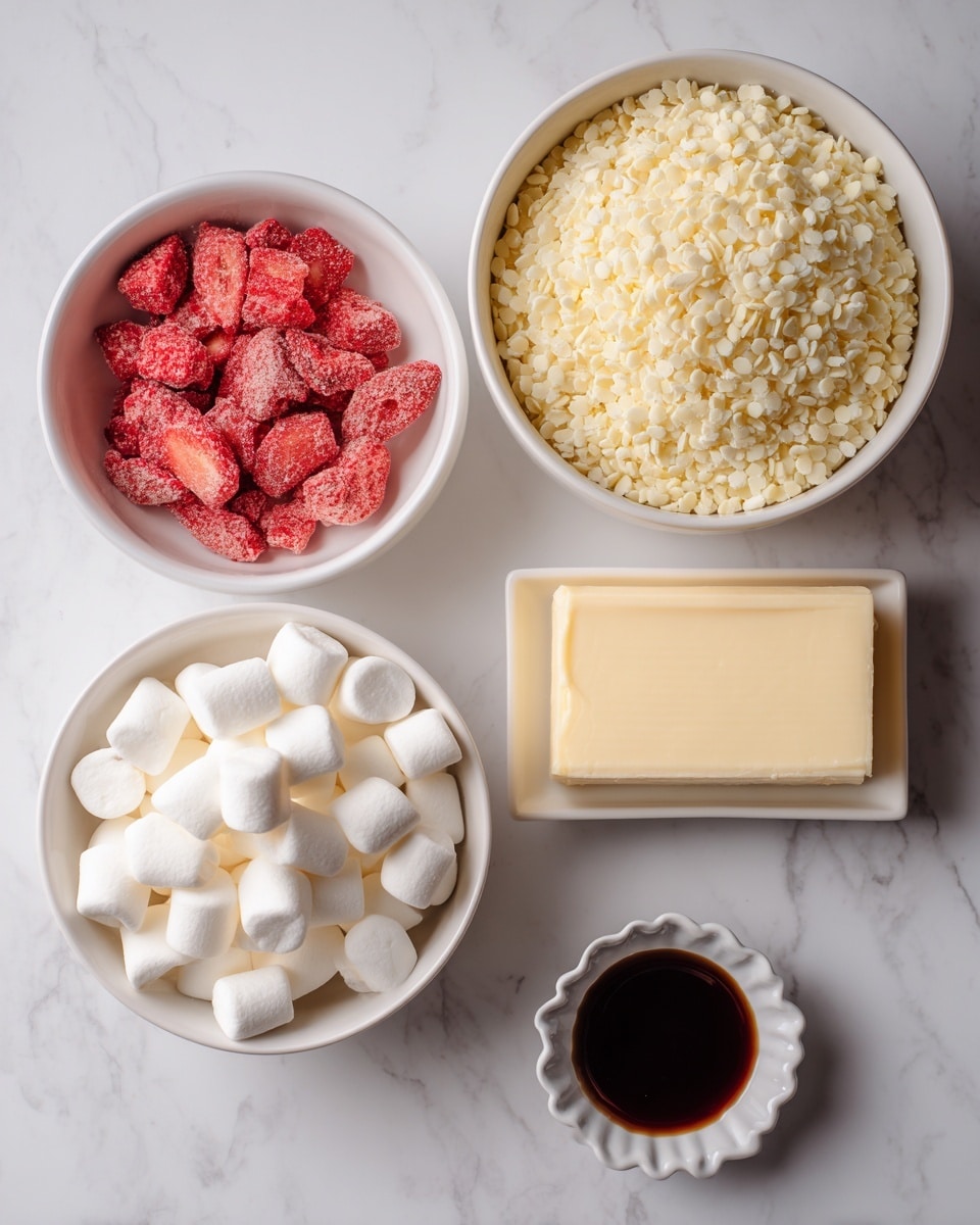 The image shows four white bowls and a small white dish on a white marbled surface. The top right large white bowl is filled with light yellow crisp rice cereal that looks fluffy and airy. The bottom left large white bowl contains many small white marshmallows, soft and round. The top left white bowl has red freeze-dried strawberry slices that are thin, dry, and crispy. The middle right white bowl holds a rectangular piece of salted butter that is smooth and pale yellow. At the bottom right is a small white scalloped dish with dark brown vanilla extract, glossy and liquid. Photo taken with an iphone --ar 4:5 --v 7