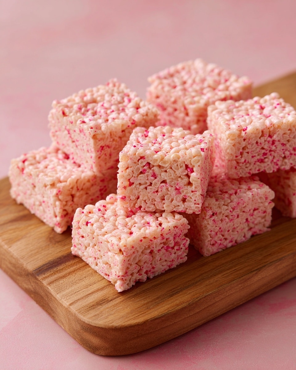 The image shows a group of square bars made from light pink crispy rice mixed with red pieces, arranged neatly in three rows on a flat wooden board. The bars have a rough, crunchy texture and small red bits scattered evenly throughout each piece. The wooden board has natural brown tones and a smooth surface. The background is a soft pink color that contrasts gently with the bars and board. photo taken with an iphone --ar 4:5 --v 7