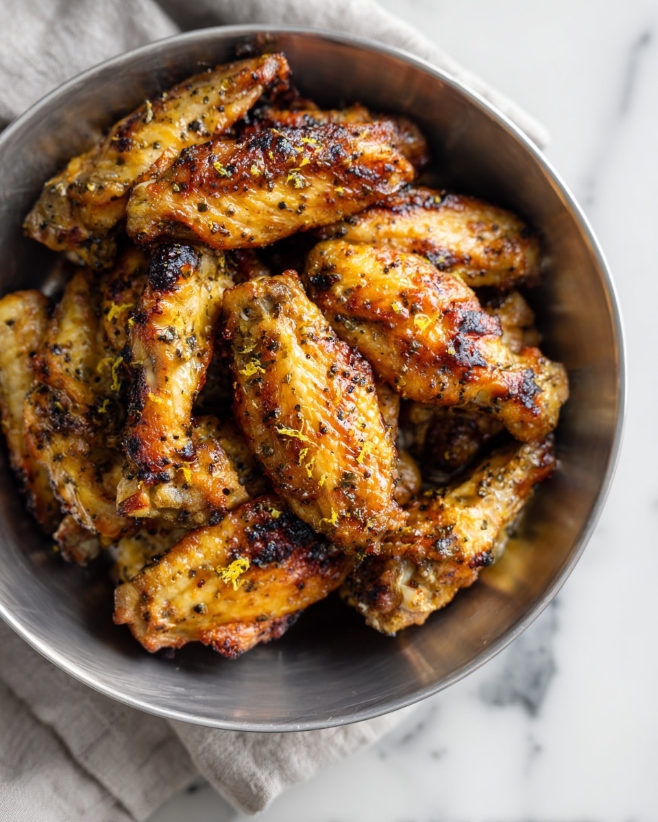 A shiny silver metal bowl filled with about fifteen grilled chicken wings. The wings have a crispy, golden-brown color with some darker charred spots and visible black pepper seasoning. The bowl shows a light coating of sauce with small pieces of zest or herbs. The bowl is set on a white marbled surface with a light gray cloth partially visible underneath. photo taken with an iphone --ar 4:5 --v 7