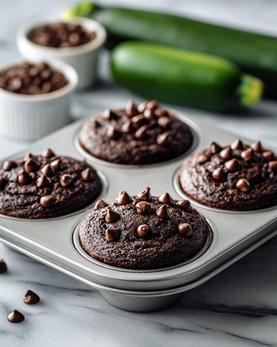 The image shows four dark chocolate muffins in a white metal muffin tray. Each muffin is topped with many small, shiny chocolate chips scattered unevenly across the surface. The muffins look soft and moist with a slightly rough texture on top. In the blurred background, a large green zucchini and two white bowls filled with more brown ingredients are visible. The tray is placed on a white marbled surface. Photo taken with an iphone --ar 4:5 --v 7