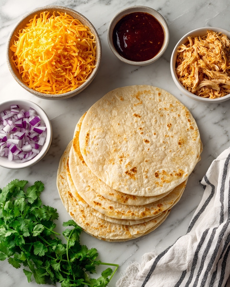 The image shows four soft taco shells stacked on a white marbled surface, with bright green cilantro leaves to the left. Below the cilantro, a bowl filled with finely shredded sharp orange cheddar cheese appears. To the right of the cheese bowl, there is a small bowl with light brown shredded chicken. Above this, a small bowl contains thick dark red sauce, and next to it, another small bowl has chopped red onion pieces. A white cloth with black stripes is placed at the bottom right corner. Photo taken with an iphone --ar 4:5 --v 7