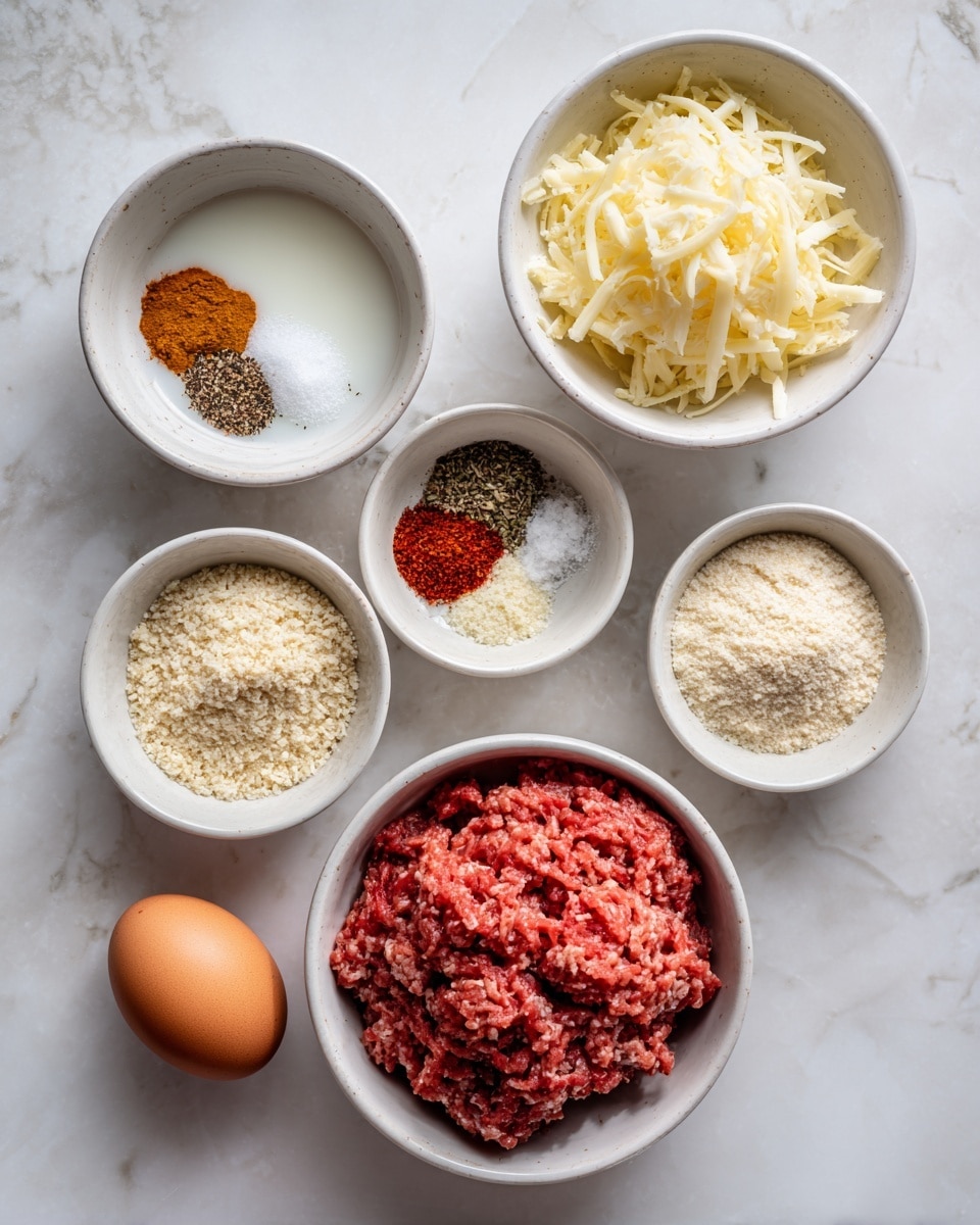 The image shows five white round bowls and one brown egg on a white marbled surface. The top right bowl has finely grated pale yellow cheese with a soft texture. Next to it on the left is a bowl divided into five spice sections in a circle, with colors light brown, darker orange-brown, white, dark brown, and black pepper. Below this is a bowl of light beige breadcrumbs with a rough crumbs texture. To the left of this is a bowl with a white liquid, likely milk, with a smooth surface. The bottom right corner shows a larger white bowl filled with bright red ground meat with a coarse, fibrous texture. The brown egg sits near the bottom left corner, with a smooth shell. Photo taken with an iphone --ar 4:5 --v 7
