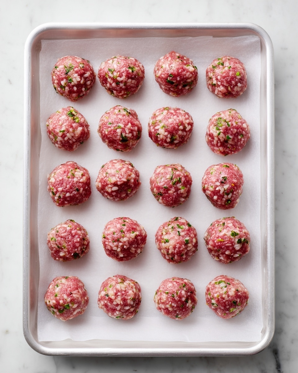 A white metal baking tray lined with white parchment paper holds 24 small, round meatballs arranged in four even rows and six columns. Each meatball is pinkish-red with visible white rice grains and small green herbs mixed in, giving them a textured and slightly speckled look. The tray sits on a white marbled surface. photo taken with an iphone --ar 4:5 --v 7