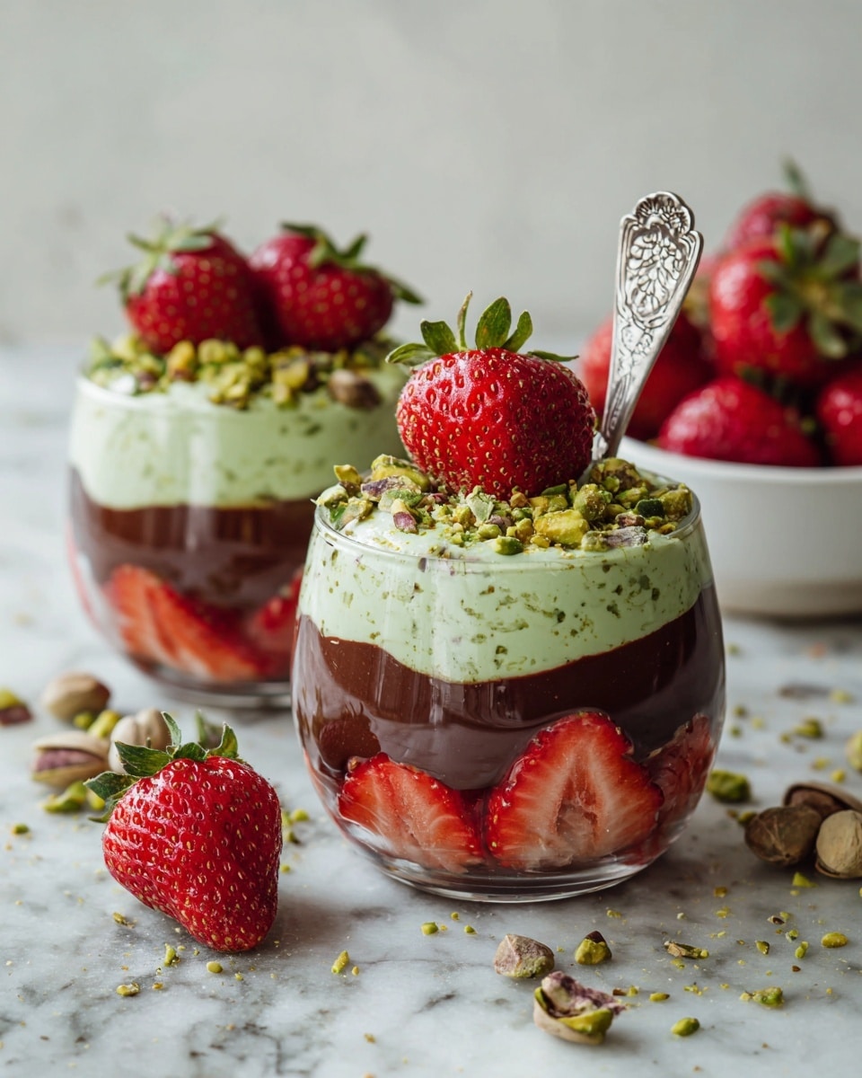 Two clear glass cups hold a layered dessert. The bottom layer is made of bright red strawberry slices arranged close to the glass edge. Above that is a shiny dark brown chocolate layer with a smooth texture. The top layer is a pale green creamy mixture with visible small bits, piled high. Chopped light green pistachios are sprinkled over the green cream. Each cup is topped with a whole bright red strawberry with green leaves. One cup has a silver spoon with an engraved floral pattern stuck into the green layer. Around the cups, fresh whole strawberries and crushed pistachios are scattered on a white marbled surface. To the right, a white bowl filled with fresh strawberries is partially visible. photo taken with an iphone --ar 4:5 --v 7