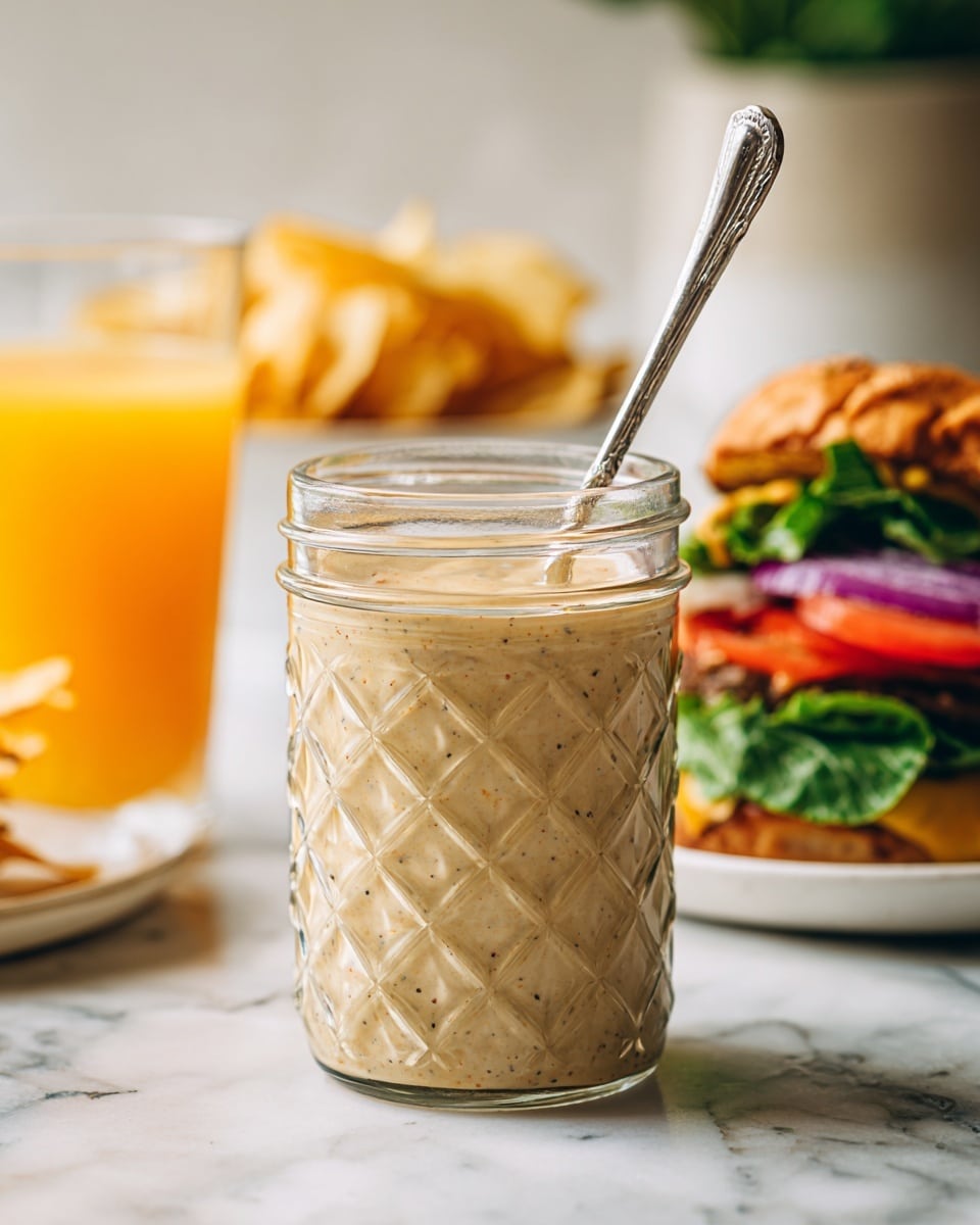 A clear glass jar filled with thick, light brown creamy sauce takes the front with a small silver spoon inside it. Behind the jar is a white plate holding a sandwich made of a sesame seed bun layered with green lettuce, a juicy red tomato slice, and purple onion rings, with a side of pale yellow potato chips. In the far background, there is a tall clear glass filled with orange-colored juice, all placed on a dark wooden surface with a white marbled texture. photo taken with an iphone --ar 4:5 --v 7