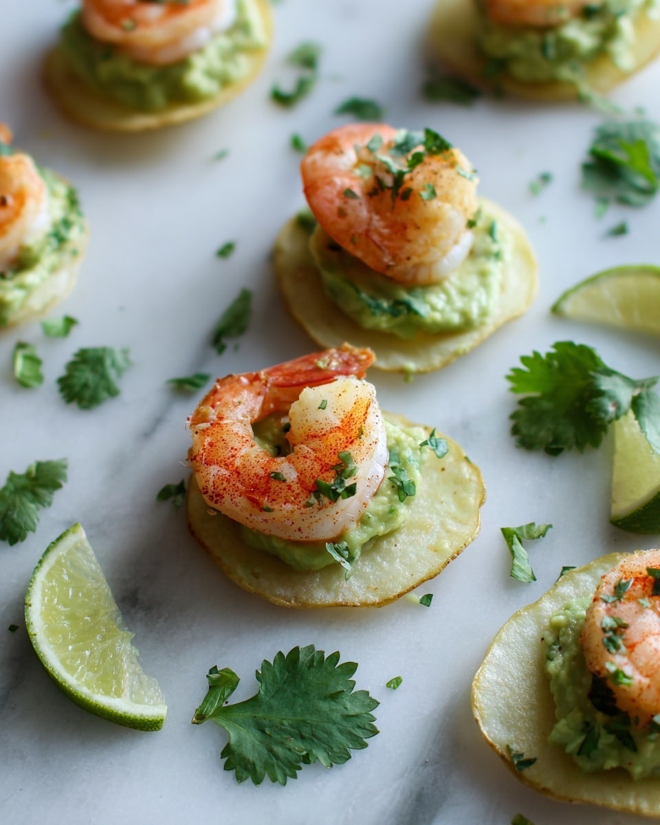 The image shows several small round potato chips placed on a white marbled surface. Each chip has a light green, creamy layer of mashed avocado on top, giving a smooth texture. On the mashed avocado sits one cooked shrimp, orange-pink in color with a slightly glossy, firm texture. Small bits of green herb, likely parsley or cilantro, are sprinkled on the shrimp and around the surface. Some fresh green cilantro leaves are scattered around the chips. The scene is bright and fresh, highlighting the contrast between the pale chips, green avocado, and orange shrimp. photo taken with an iphone --ar 4:5 --v 7