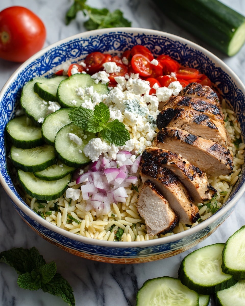 A white bowl with colorful orange and blue patterns holds a fresh salad arranged in layers: at the bottom is a mix of small pasta pieces with chopped bright green cucumber slices and red cherry tomato halves, then a layer of grilled golden-brown chicken strips with grill marks placed in the middle, topped with a creamy white sauce with soft texture spread over the chicken and some on the pasta. Scattered white crumbles of cheese and small pieces of purple onion are spread throughout, with fresh green mint leaves placed on top and around for color. Around the bowl on a white marbled surface are whole and sliced bright green cucumber pieces, red cherry tomatoes, thin purple onion slices, and fresh mint leaves, with a decorative white cloth nearby and a small white bowl with red floral patterns holding a creamy white dip garnished with a mint leaf. Photo taken with an iphone --ar 4:5 --v 7