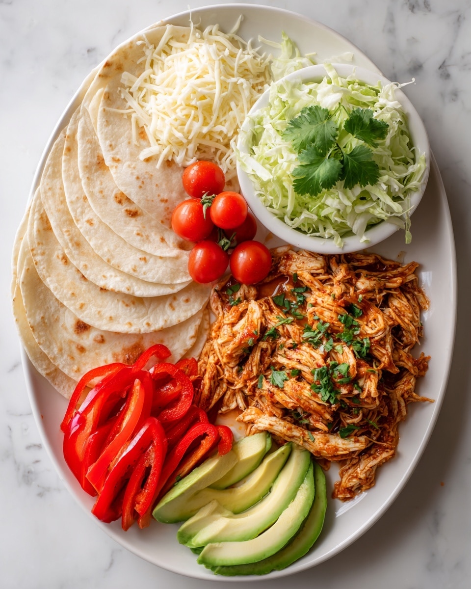 On a white oval plate with a white marbled background, there are four folded light beige tortillas layered on the left side. Next to the tortillas at the bottom left, there are thin slices of bright red bell pepper arranged in a neat layer. Just above them, there's a small pile of shredded white cheese with a sprig of fresh green cilantro on top. Moving right, three slices of ripe avocado with a smooth, light green texture are placed, followed by a small cluster of bright red cherry tomatoes on the vine. At the top right, thinly shredded pale green lettuce is loosely placed. Centered on the plate is a white bowl filled with seasoned shredded chicken mixed with green herbs, providing a textured and slightly rough look. photo taken with an iphone --ar 4:5 --v 7