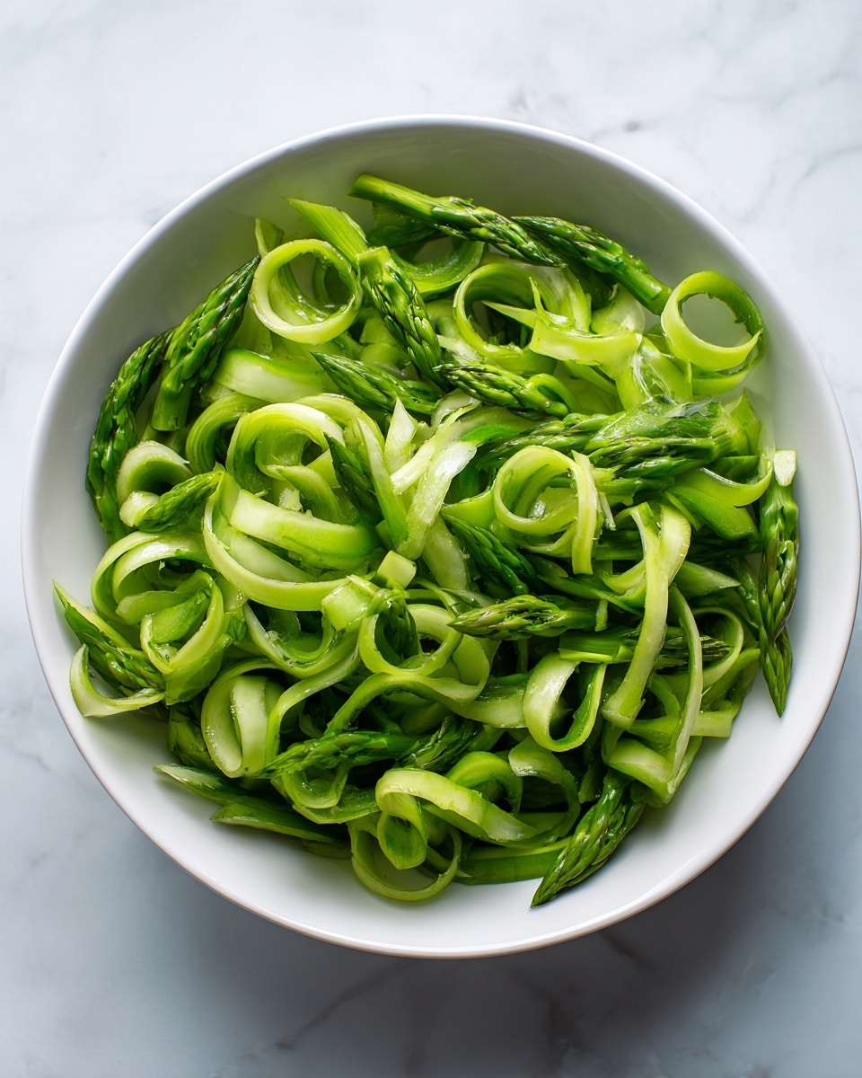 This image shows a white bowl filled with many thin, curly green asparagus strips. The asparagus curls and sticks are bright green with a slightly shiny texture, looking fresh and carefully peeled. The bowl sits on a white marbled surface that adds a soft, clean background to highlight the green colors. photo taken with an iphone --ar 4:5 --v 7