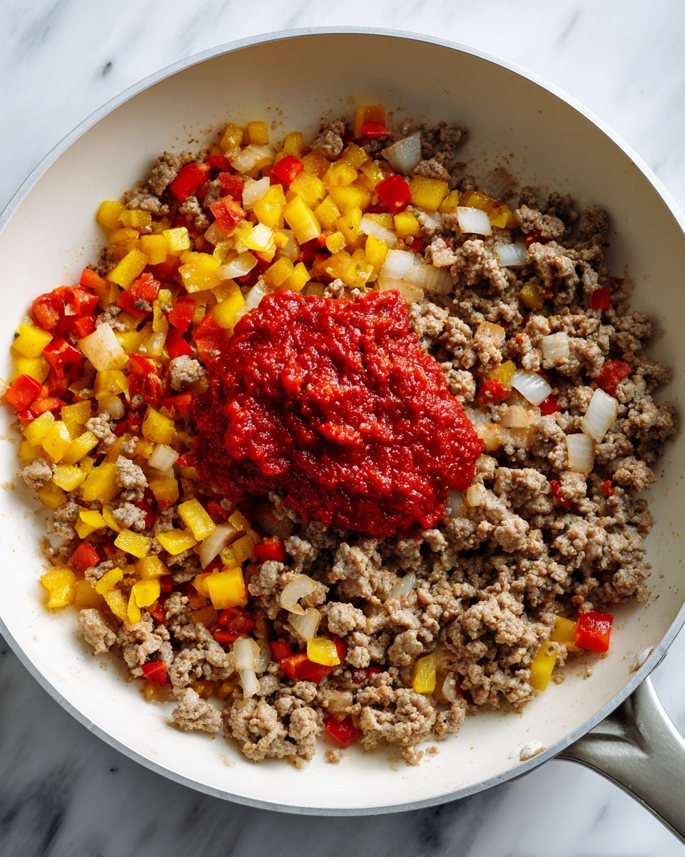 In the white frying pan, there is a mix of cooked ground meat that is brown and crumbly, with diced yellow and red bell peppers and small white onion pieces mixed evenly throughout. In the center of the pan, a small pile of thick, bright red tomato paste sits on top of the other ingredients. The pan is placed on a surface with a white marbled texture. photo taken with an iphone --ar 4:5 --v 7