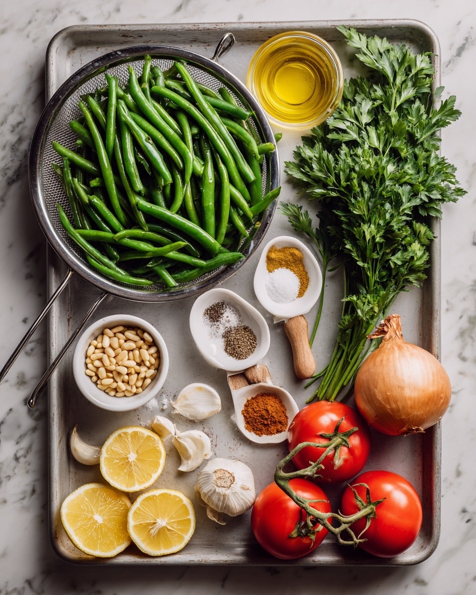 The image shows a gray baking tray on a white marbled surface filled with fresh ingredients. On the left side, a metal strainer holds a large pile of bright green beans. Below it, there is a small white bowl with pine nuts. Two lemon halves with bright yellow flesh sit near the bottom center. Three garlic cloves with light purple skin are placed near the lemons. On the right side, there are two bright red tomatoes attached to green stems, next to a bunch of fresh green parsley. Above the tomatoes, a whole brown onion is placed. There are also three small white dishes with different spices and condiments: one with salt and a small wooden spoon, one with pepper, and one with three different ground spices in brown and red tones. A small glass container holds golden oil near the top center. The scene is lit naturally, showing fresh and colorful ingredients. photo taken with an iphone --ar 4:5 --v 7