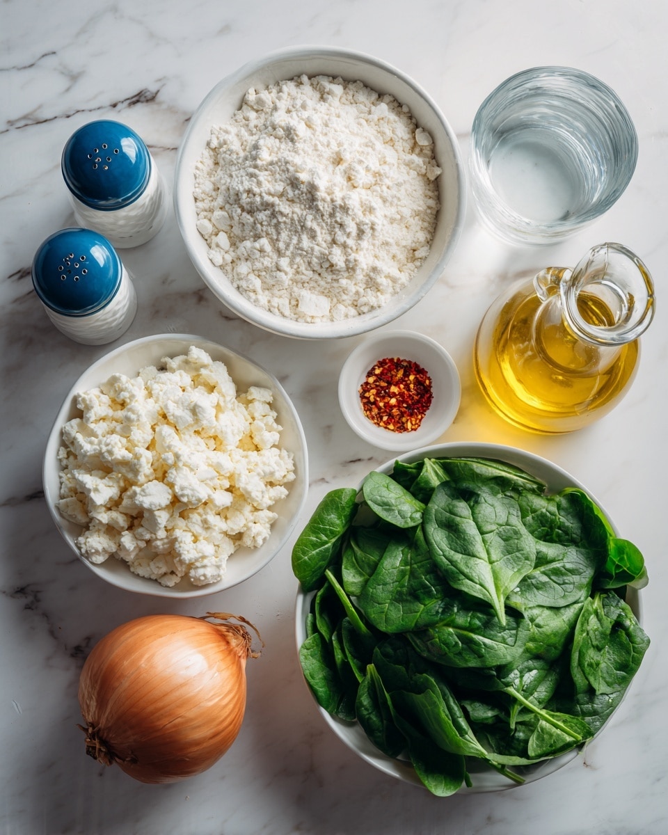 The image shows several ingredients arranged on a white marbled surface: a large white bowl filled with white flour to the left, a smaller white bowl with white crumbly cheese below it, and a large white bowl full of fresh, bright green spinach leaves to the right. There is an orange onion at the bottom left next to these bowls. Above the onion and cheese, there are two small blue and white salt and pepper shakers side by side, with a small white dish holding red chili flakes above them. To the right of the chili flakes, there is a clear glass bottle filled with yellow cooking oil, and next to it on the far right, a clear glass jug filled with water. photo taken with an iphone --ar 4:5 --v 7