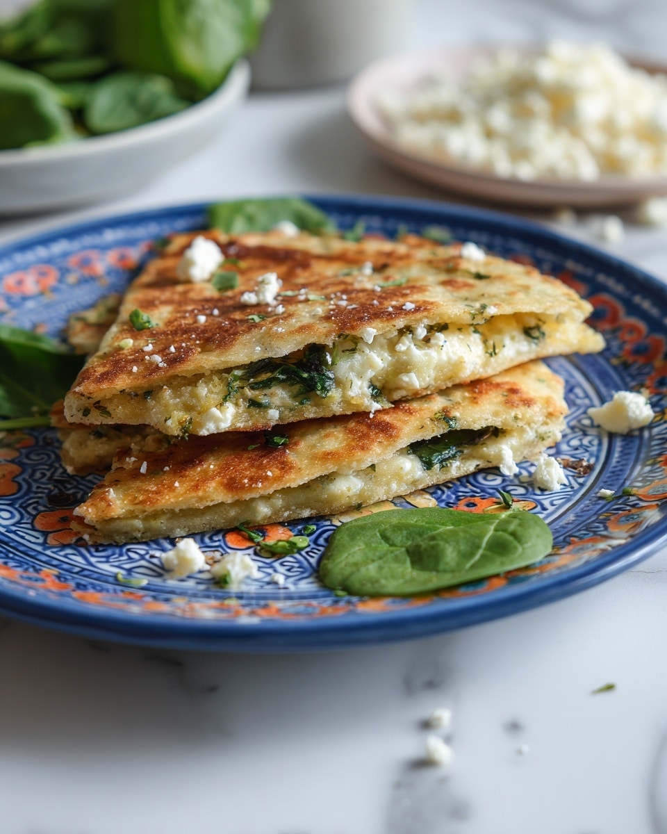 The image shows two folded pieces of flatbread stacked on a blue patterned plate with orange and white details. The flatbread has a golden brown, slightly crispy texture with small green herb pieces inside and on top. White crumbled cheese bits and fresh green spinach leaves are scattered on and around the flatbread. In the background, there is a blurred white plate with more white crumbled cheese and parts of other food items. The whole scene is placed on a white marbled surface. Photo taken with an iphone --ar 4:5 --v 7