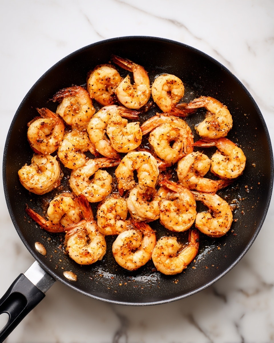 A black frying pan filled with cooked shrimp arranged evenly across the pan. The shrimp are golden-brown with a slight crisp texture, showing small spots of light and darker brown from cooking. The pan sits on a white marbled surface, and the shrimp are in one layer without overlapping. photo taken with an iphone --ar 4:5 --v 7