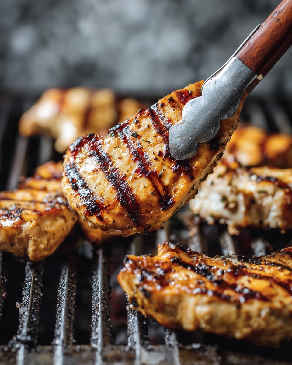 A piece of grilled chicken with golden brown color and light char lines is held by wooden tongs with a metal handle above a grill. On the grill, there are more pieces of similarly grilled chicken with crispy edges and slightly shiny texture from cooking. The grill bars create dark parallel lines under the chicken. The surface below the grill is white marbled texture. photo taken with an iphone --ar 4:5 --v 7