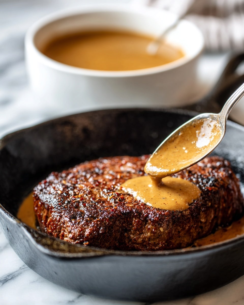 A close-up of a thick, dark brown seared steak sits in a black skillet, showing a rich and textured crust on the top layer. A metal spoon covered in smooth, light orange sauce is gently spreading the sauce on the steak, focusing on the center. In the background, a white bowl filled with a creamy, orange-brown sauce is blurred. The scene rests on a white marbled surface. photo taken with an iphone --ar 4:5 --v 7