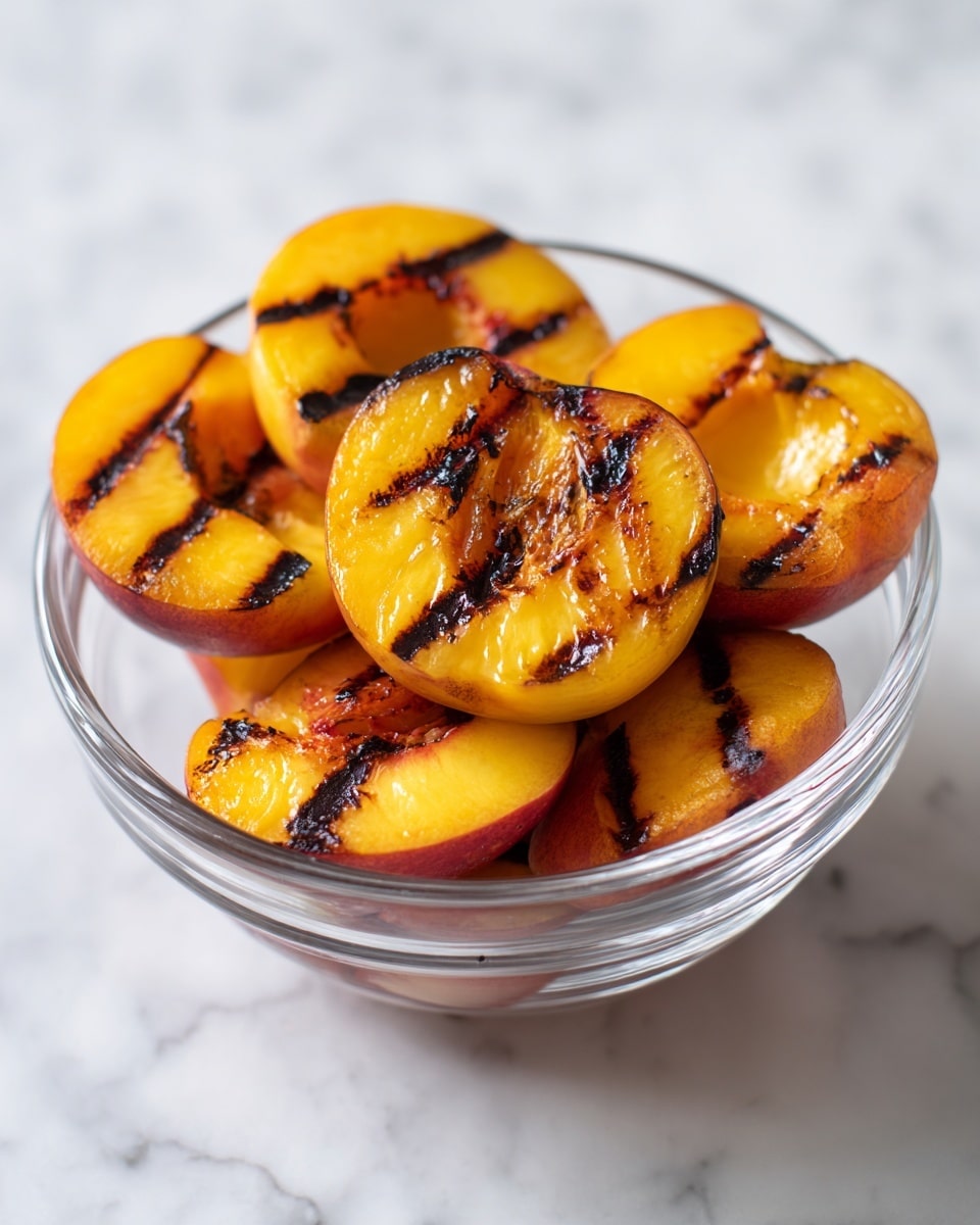 A clear glass bowl holds eight grilled peach halves, arranged in a loose pile. Each peach half is golden yellow-orange with visible dark grill marks crossing them, showing a slightly charred texture on the soft fruit. The peach skin has a reddish-orange hue around the edges. The bowl sits on a white marbled surface, and light reflects off the bowl’s smooth rim. photo taken with an iphone --ar 4:5 --v 7