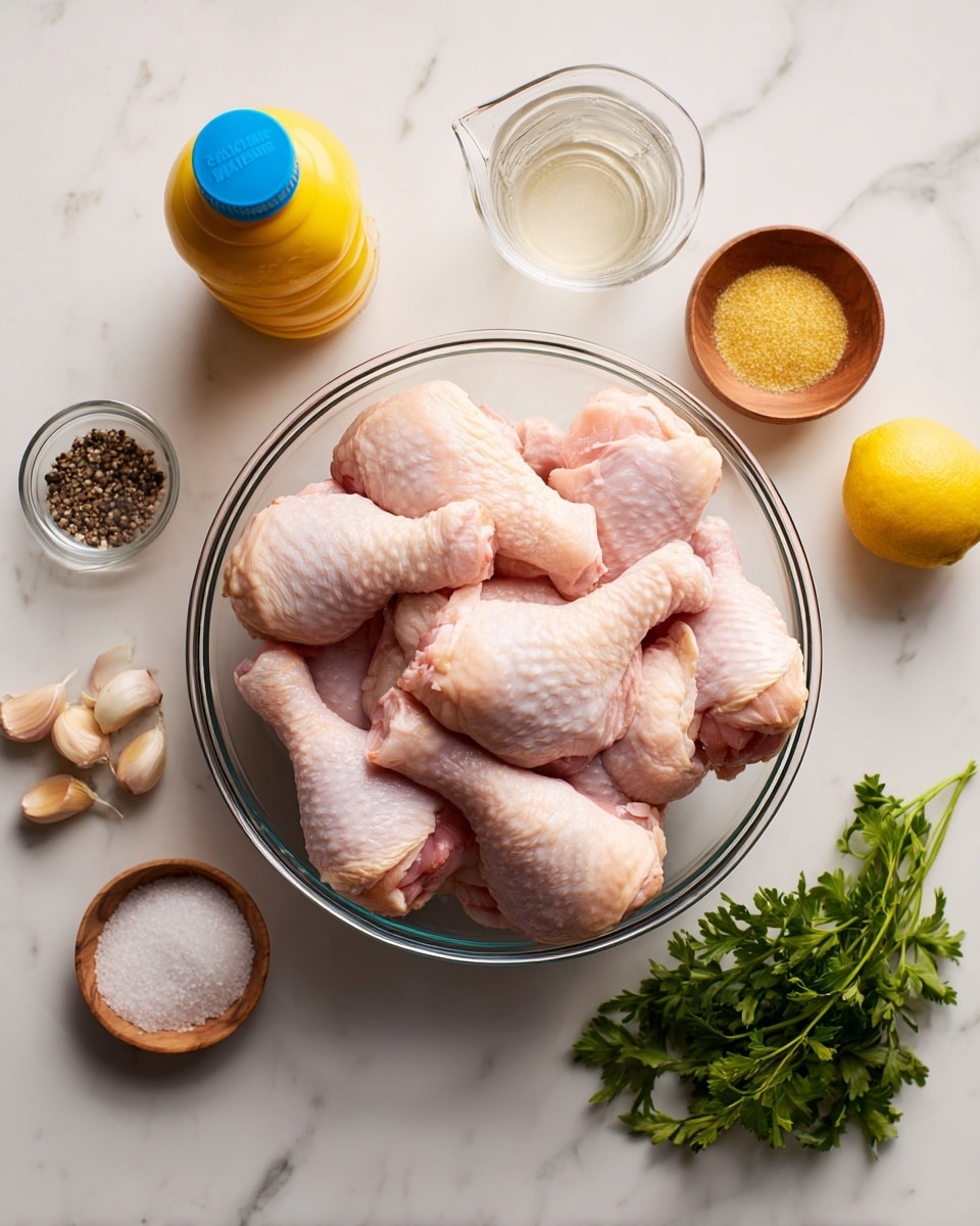 In the image, there is a clear glass bowl filled with many raw chicken drumsticks showing pale pink skin and a slight sheen from moisture. The bowl sits on a white marbled surface. Around the bowl, there are several ingredients for seasoning: a yellow squeeze bottle of Dijon mustard with a blue cap, a clear glass measuring cup with a light liquid inside, a small wooden bowl filled with coarse salt, a small clear bowl with black pepper, three peeled garlic cloves, a whole yellow lemon, and a bunch of fresh green parsley positioned in the top right corner. The scene is well-lit and arranged neatly. photo taken with an iphone --ar 4:5 --v 7