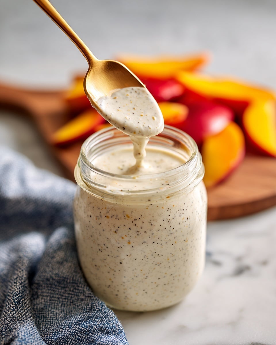 The image shows a clear glass jar filled with a white creamy sauce speckled with small black seeds and light yellow bits, with a golden spoon holding some of the sauce above the jar. In the background, there is a white marbled surface with a wooden board scattered with red and orange sliced fruit pieces, their smooth texture and bright colors contrasting the creamy sauce. Part of a blue and white cloth napkin is visible in the corner, adding a textured detail to the scene. The lighting is bright and natural, highlighting the smoothness of the sauce and the vibrant colors of the fruit. photo taken with an iphone --ar 4:5 --v 7