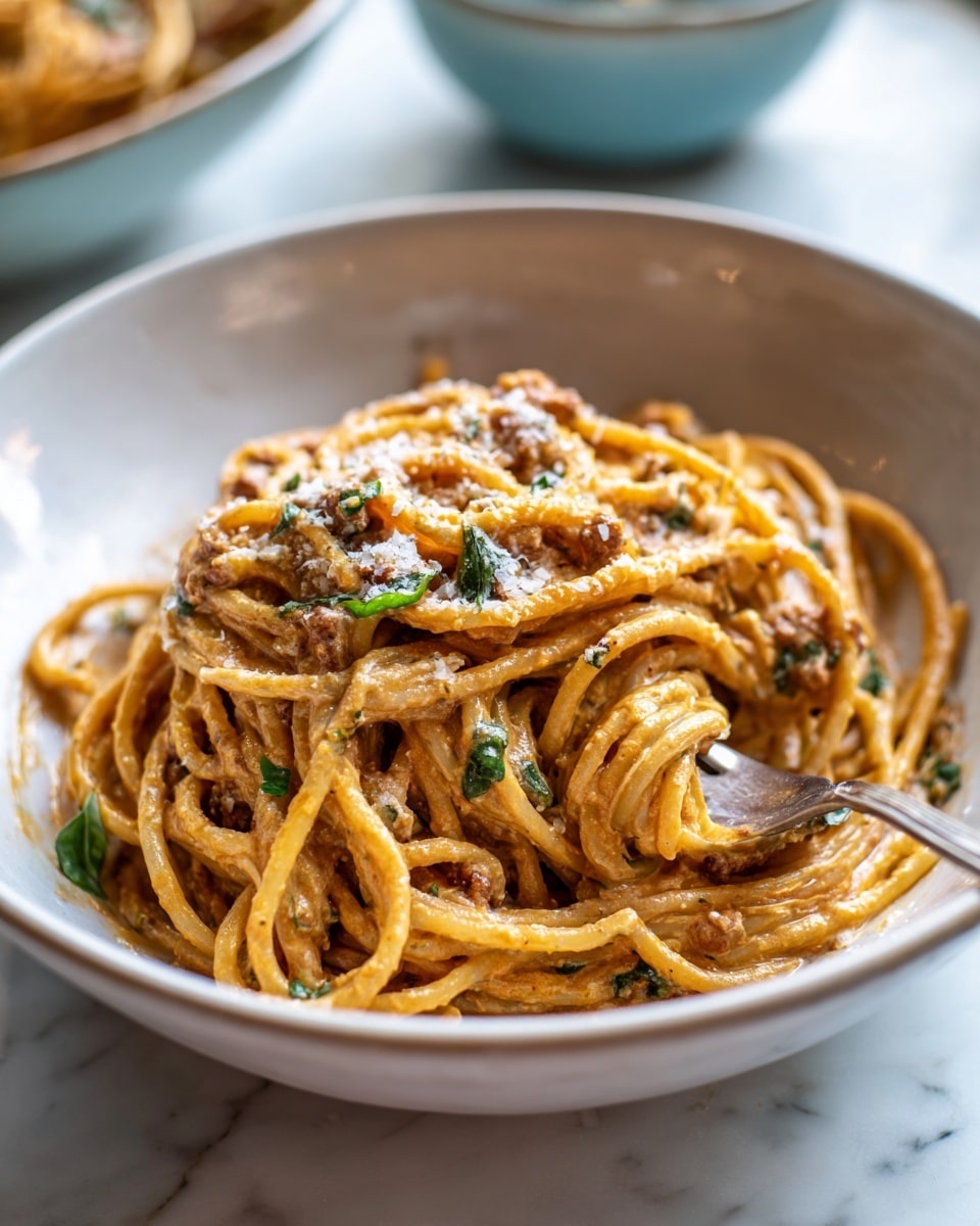 A close-up view of a mound of spaghetti coated with a creamy orange-colored sauce, thickly mixed with small bits of a ground ingredient and garnished with small green herb pieces. The pasta strands are long, slightly curled, and intertwined, resting on a shallow white plate. There is a silver fork placed on the plate, with some strands twirled around its tines, positioned on the right side. The setting includes a white marbled texture surface underneath with some scattered seasoning particles visible. In the upper right corner, a small white bowl with light yellow contents is partly visible. photo taken with an iphone --ar 4:5 --v 7